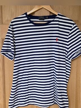 Ralph Lauren Navy and White Striped Short Sleeve Polo Tee with Red Pony Large